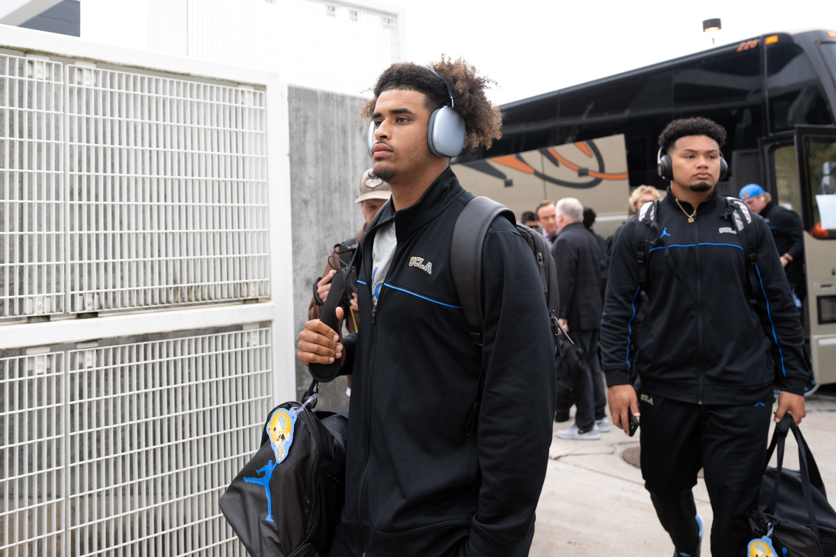 UCLA Bruins quarterback Dante Moore arrives at Reser Stadium for a game against the Oregon State Beavers.